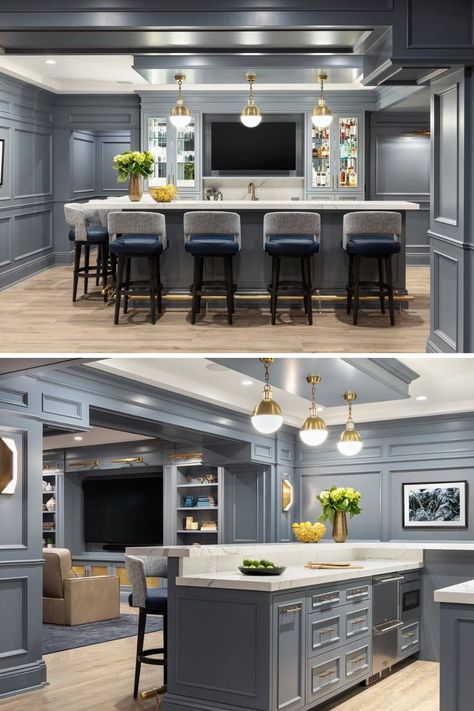 Home Entertainment Room Bar Designs, Bar With Seating On Both Sides, Entertainment Area Basement, Island Basement Bar, Basement Bar In Middle Of Room, Modern Basement With Bar, Entertainment Bar Room, Luxury Bars For Home, Game Room Bar Design