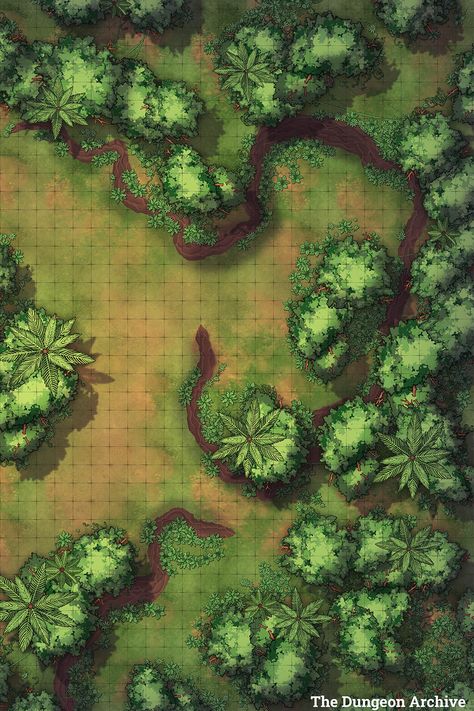 This battle map is for generic encounters, specifically created to be used in any jungle campaign in DnD. The size is 40x40, you can get the map for free in our Patreon. Jungle Battlemap Dnd, Jungle Battle Map Dnd, Wilderness Battlemap, Dnd Jungle Map, Jungle Battle Map, D&d Battle Maps, Jungle Battlemap, Dnd Forest Map, D&d Maps