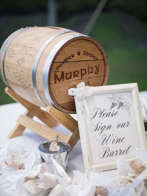 For the vino-loving couple, a mini wine barrel branded with your names and wedding date adds a subtle, personal touch to the typical guest book. Interactive Wedding Reception, Reception Must Haves, 60th Bday Party Ideas, Wedding Guest Book Alternative Creative, Wedding Decorations Theme, Reception Decorations Ideas, Bohemian Wedding Ceremony, Creative Wedding Guest Books, Planning 2023