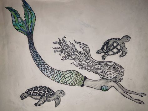 #mermaid #swimming #drawings #art #turtle #sketches Mermaids And Sea Turtles, Mermaid Sea Turtle Tattoo, Mermaid Turtle Tattoo, Mermaid And Turtle Tattoo, Swimming Mermaid Tattoo, Mermaid Swimming Drawing, Turtle Sketches, C Section Scar Tattoo, Pool Decorations