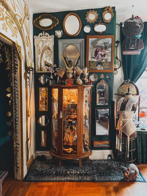 Curio Cabinet Aesthetic, Victorian Gallery Wall, Victorian Birdcage, Curio Wall, Maximalist Apartment, Antique Curio Cabinet, Couch Wall, Globe Bar, Adams Homes