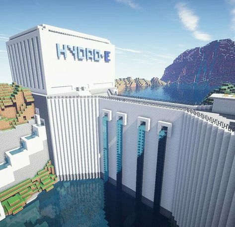 A dam in Minecraft built from white wool or quartz blocks.                                                  Дамбе сделана из белой шесть или кварцевые блоки. Minecraft Dam Ideas, Minecraft Dam, Minecraft Modern City, Construction Minecraft, Case Minecraft, Minecraft City Buildings, Minecraft Mansion, Minecraft Structures, Bangunan Minecraft