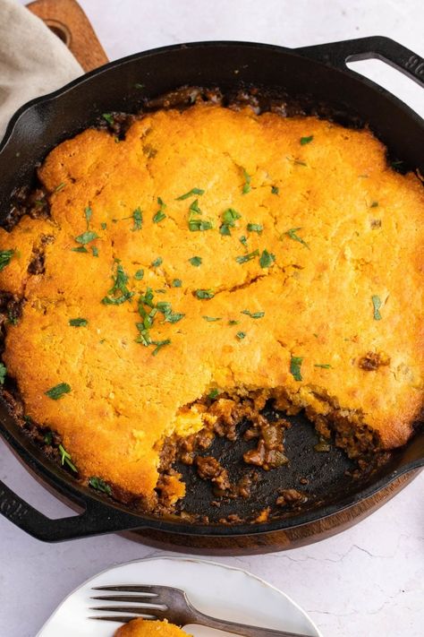 Tamale Pie (Easy Recipe) - Insanely Good Cornbread Cowboy Casserole, Cowboy Cornbread Casserole, Jiffy Cornbread Casserole Recipe, Pie Easy Recipe, Ground Beef Casseroles, Mexican Cornbread Casserole Recipe, Cowboy Cornbread, Fluffy Cornbread, Cornbread Casserole Recipe