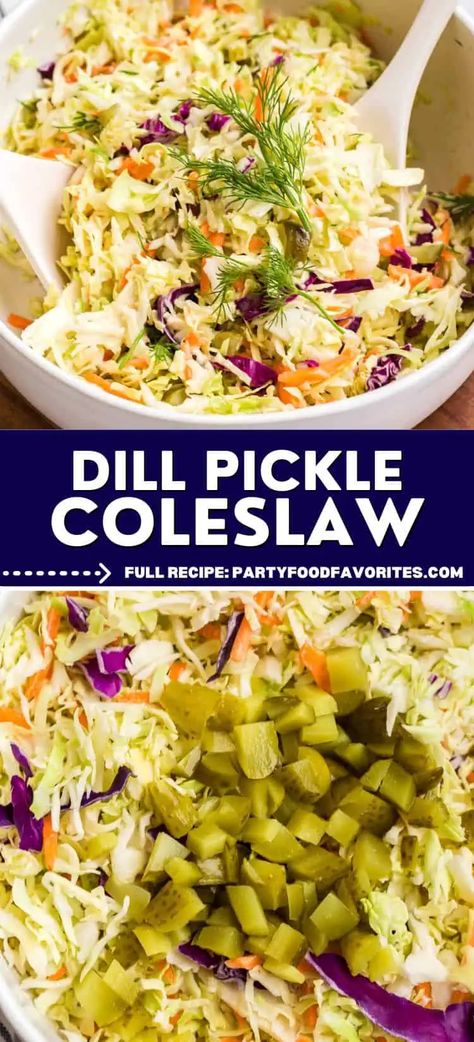 Dill Pickle Coleslaw Pickle Slaw Recipe, Dill Pickle Coleslaw, Pickle Coleslaw, Slaw For Pulled Pork, Sweet Dill Pickles, Party Food Favorites, Classic Coleslaw, Garlic Dill Pickles, Kosher Dill Pickles