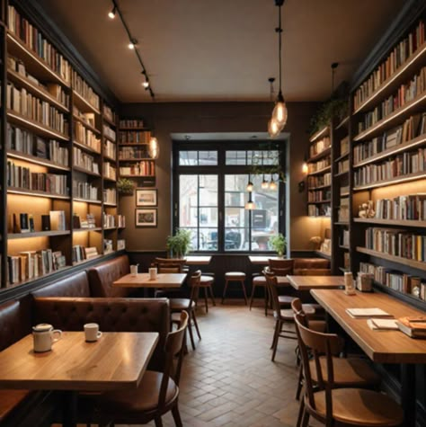 Bookstore Seating, Bookshop Cafe Aesthetic, Bookstore Lighting, Study Cafe Interior, Bookstore Cafe Aesthetic, Coffee Bookshop, Tearoom Ideas, Bookshop Design, Book Store Aesthetic