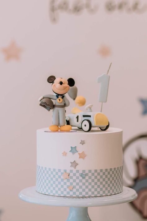 Check out this fun Mickey Racer 1st birthday party! Loving the cake! See more party ideas and share yours at CatchMyParty.com Mickey Mouse Racers Birthday Cake, Mickey Mouse Road Racers Birthday Party, Modern Mickey Birthday, Mickey Racers Birthday Party, Mickey Mouse 1st Birthday Party Boy, Boys First Birthday Party Ideas Themes, Vintage Mickey Mouse Party, 2 Year Birthday Party, Baby Boy 1st Birthday Ideas