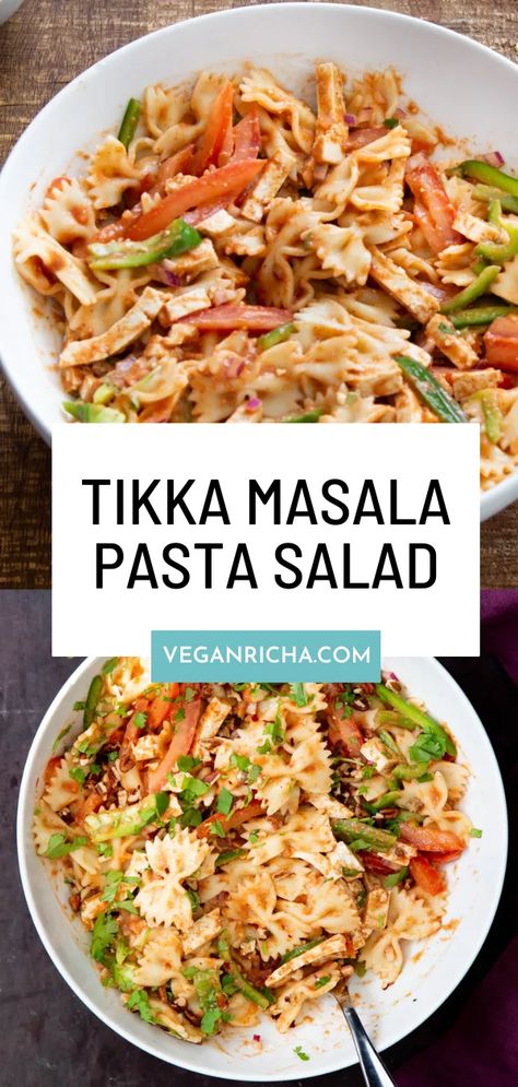 Part healthy salad, part comforting pasta, this Tikka Masala Pasta Salad recipe has everything you love about your favorite Indian curry in one bowl. Serve fresh or make ahead for an easy vegan meal, and enjoy either warm or cold. Indian Pasta Salad, Gluten Free Korean Food, Curry Pasta Salad, Shrimp Tofu, Masala Pasta, Salad Recipes For Lunch, Vegan Tikka Masala, Tofu Pasta, Vegan Pasta Salad