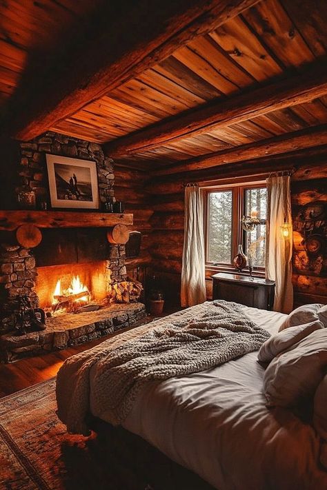 Old Lake House Interior, Cabin Master Bedrooms Cozy, Log Cabin Bedrooms Master Suite, Cabins And Cottages Interior, Wood Cabin Bedroom, Romantic Cabin Bedroom, Cabin Bedroom Aesthetic, Homestead Bedroom, Rustic Log Cabin Interior