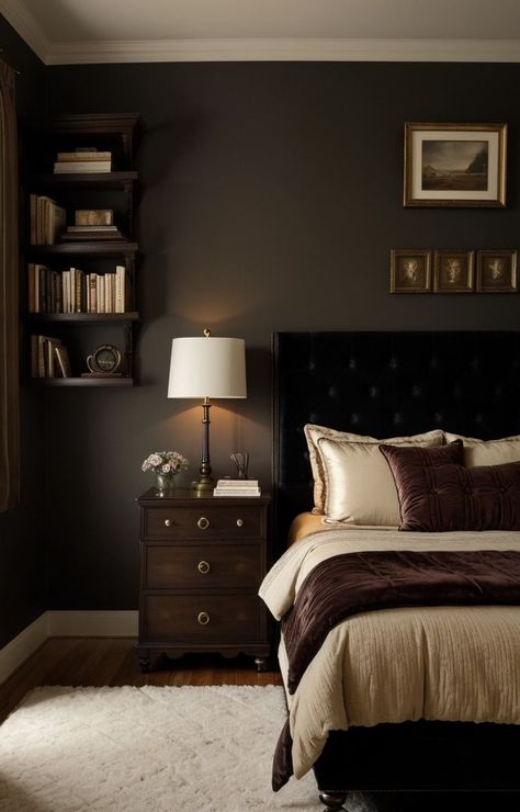 Dark Academia Bedroom Aesthetic, Academia Bedroom Aesthetic, Cozy Dark Academia, Dark Academia Bedroom, Academia Bedroom, Dark Wood Bedroom, Dark Wood Bed, Bilik Idaman, Moody Bedroom