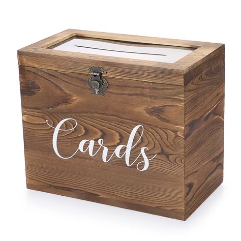 PRICES MAY VARY. Wood Wooden Wedding Card Box measures 30cm x 17cm x 25cm / 11.7" x 6.7" x 9.7", could put in money, envelopes, postcard, photos and mini gifts. Vintage solid wood wedding party guest card holder box with cursive "Cards" lettering, this card holder box is an excellent storage accessory for any wedding, graduation, or special event setting. The hinged lid with an opening and closing latch allows you to easily access the box's contents. This vintage wedding card container box for r Wedding Card Box With Lock, Wedding Card Box Ideas, Wooden Card Box Wedding, Mini Gifts, Money Box Wedding, Vintage Wedding Cards, Box With Lock, Card Box Holder, Wedding Card Box