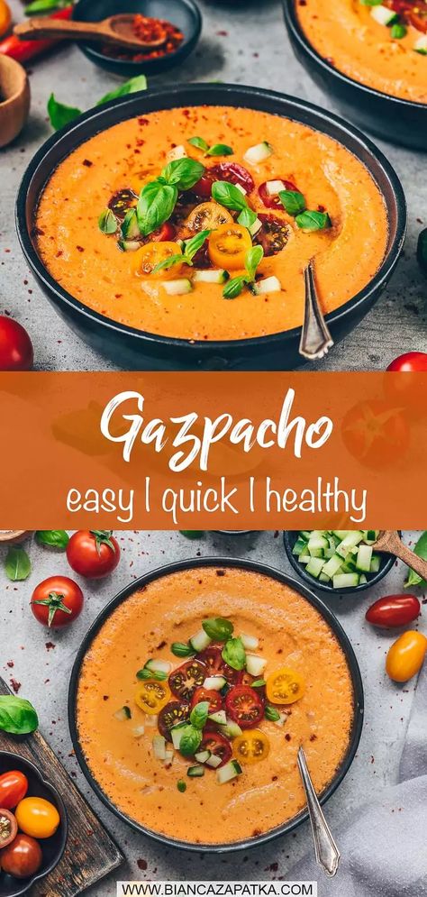 Gazpacho Andaluz is the perfect recipe for hot summer days! This authentic cold tomato soup from Andalusia is refreshing, easy to make and full of flavor. #tomato #gazpacho #soup #spanish #cucumber #vegetables #easyrecipes #recipes #food #vegan #diet #healthyrecipes | biancazapatka.com Authentic Gazpacho Recipe, Cold Tomato Soup, Lentil Potato Soup, Heathly Recipes, Cold Soup Recipes, Tomato Gazpacho, Vegan Bbq Recipes, Gazpacho Soup, Cream Of Asparagus Soup