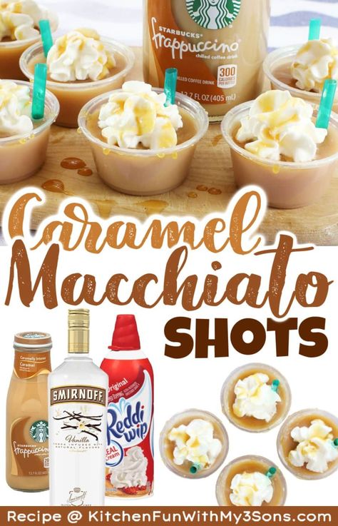 Any kind of get-together, party, or special occasion needs these Starbucks Caramel Macchiato Shots! They are a gelatin mixture of caramel Frappuccino and vanilla Vodka with whipped cream and caramel syrup drizzled on top. #recipes #drinks Vanilla Vodka Recipes, Starbucks Caramel Macchiato, Salted Caramel Vodka, Fruity Alcohol Drinks, Vodka Recipes Drinks, Frozen Drink Recipes, Caramel Vodka, Caramel Frappuccino, Starbucks Caramel