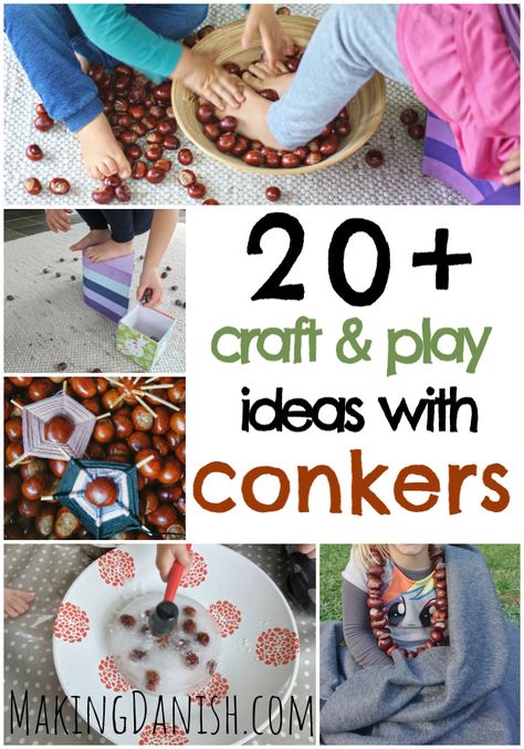 20 fun and easy craft and play ideas with conkers from the horse chestnut tree. There are ideas enough for hours of creativity and fun for kids of different ages. Chestnut Kids Craft, Conker Play Ideas, Chestnut Crafts Ideas, Chestnut Diy Kids, Horse Chestnut Craft, Conker Crafts For Kids, Chestnut Activities For Kids, Crafts With Conkers, Chestnut Crafts For Kids