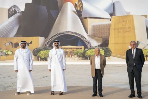 Sheikh Khaled bin Mohamed bin Zayed, second from left, architect Frank Gehry, second from right, and senior officials of DCT – Abu Dhabi and the Solomon R Guggenheim Foundation, at the Guggenheim Abu Dhabi museum site on Saadiyat Island. Photo: Abu Dhabi Media Office Guggenheim Abu Dhabi, Mohamed Bin Zayed, Saadiyat Island, Media Office, Frank Gehry, Dating Again, Economic Development, Abu Dhabi, Foundation