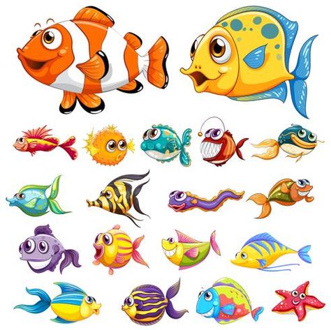 Different types of fish Fish Drawing For Kids, Aquatic Art, Fish Types, Drawn Fish, Fish Clipart, Paint Vector, Fish Drawing, Fish Vector, Cartoon Fish