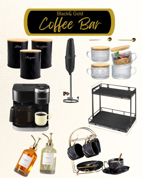 Black And Gold Coffee Bar Ideas, Black And Gold Coffee Bar, Counter Top Coffee Bar, Gold Coffee Bar, Black Coffee Bar, Black And Gold Salon, Cart Aesthetic, Kitchen Glam, Gold Salon