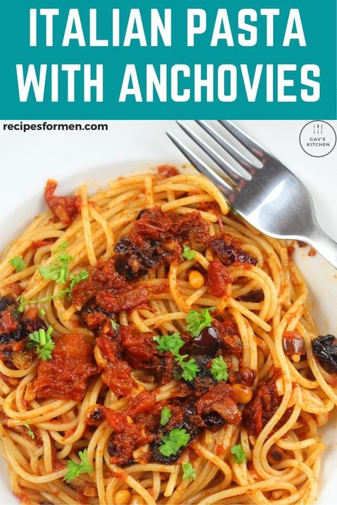 This easy recipe gives you an authentic Italian pasta made with anchovies, olives, sundried tomatoes and some raisins and cranberries. Anchovy pasta, anchovy pasta recipes, anchovy pasta sauce, anchovy pasta with garlic, anchovypasta, italian pasta with anchovies, pasta sauce with anchovies and tomato, pasta sauce with olives, pasta sauce with olives and raisins, anchovy base for sauce, long pasta sauce, tasty authentic italian pasta sauce Anchovy Pasta Recipes, Anchovies Pasta Recipes, Anchovy Paste Recipes, Recipes Using Anchovies, Tomato Sauce With Anchovies, Recipes With Anchovies, Anchovies Pasta, Authentic Italian Pasta Sauce, Uses For Anchovy Paste