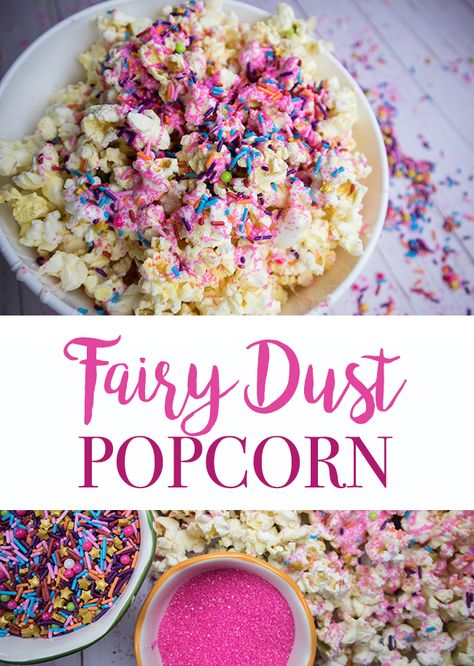 Fairy Dust Popcorn - Perfect Treat for a Girl's Birthday Party or for a Movie Night - Clumsy Crafter Girls Birthday Parties, Easy Popcorn, 4de Verjaardag, Enchanted Forest Birthday, Popcorn Treat, Fairy Garden Birthday Party, Popcorn Treats, Fairy Tea Parties, Forest Birthday