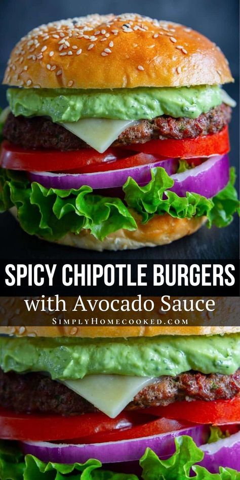 These Spicy Chipotle Burgers with Avocado Sauce are a delicious blend of spicy chipotle pepper, creamy avocado, and juicy burger. This recipe is sure to become a family favorite. Avocado Burger Sauce, Chipotle Burger Recipe, Chipotle Burger, Salsa Burger, Burger With Avocado, Avocado Sauce Recipe, Burgers With Avocado, Guacamole Burger, Mexican Burger