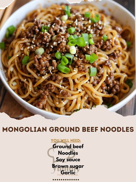 🍜🍖 Mongolian Ground Beef Noodles - a flavorful, quick meal! #AsianFlavors #QuickDinner Mongolian Ground Beef Noodles Ingredients: Ground beef (1 lb) Noodles, cooked (8 oz) Soy sauce (1/4 cup) Brown sugar (1/4 cup) Garlic, minced (3 cloves) Ginger, grated (1 tsp) Green onions, chopped (1/2 cup) Sesame oil (1 tbsp) Cornstarch (1 tbsp) Water (1/4 cup) Instructions: Cook ground beef in a skillet over medium heat until browned. Add garlic and ginger, cook for 1 minute. Mix soy sauce, brown sug... Mongolian Ground Beef Noodles, Ground Beef Noodles, Mongolian Ground Beef, Ground Recipes, Beef Noodles, Mongolian Beef, Noodles Recipe, Beef And Noodles, Sweet Sauce