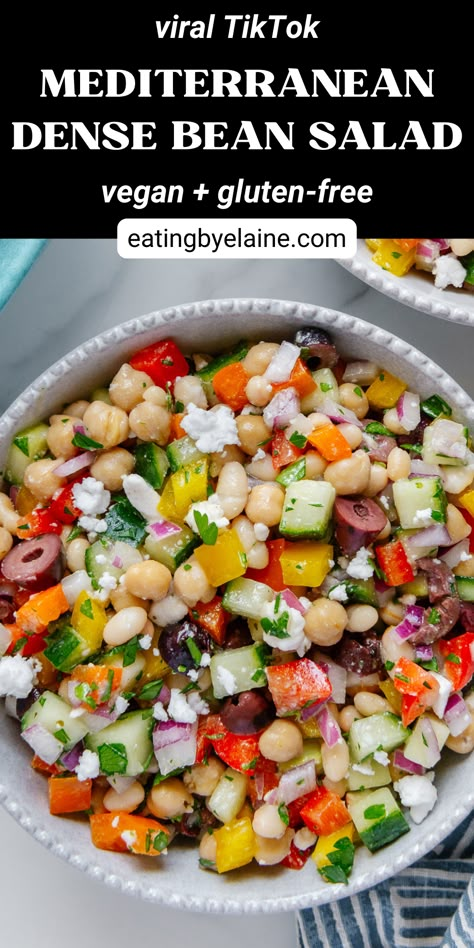 Mediterranean dense bean salad in a white bowl Salads With Beans In It, Plant Diet Recipes, Best 3 Bean Salad Recipe, Dense Bean Salad Tiktok, Plant Based Bean Salad, Lemon Bean Salad, Tuna Bean Salad Recipe, Vegetarian Dense Bean Salad, Bean Salad Lunch