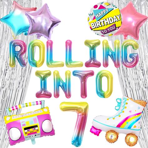 PRICES MAY VARY. Our Rolling into 7 Party Supplies set has it all to make this a big awesome day! This set of Lets Roll Skate Party Decoration can be use back to 90s party! You will get: 1 x Rolling into 7 Letter balloon, 1 x radio balloon, 1 x skating shoes balloons, 3 x stars. 1 x foil balloon( detail please refer to the pictures). DIY your Rolling into 7 Birthday Decoration! Use our balloons and backdrop to celebrate your impressive moment! CONTACT US directly and we will take care of it for Skating Party, Roller Skating Party, Skate Party, 90s Party, Retro Theme, Birthday Decoration, Roller Skating, Party Balloons, Party Decoration