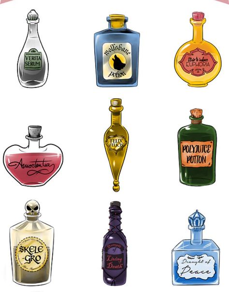 Harry Potter Potion Drawing, Harry Potter Potions Names, Harry Potter Items Drawing, Harry Potter Potions Aesthetic, Harry Potter Potions Printables, Harry Potter Potion Tattoo, All Harry Potter Potions List, Harry Potter Potions Drawings, Potions Aesthetic Drawing