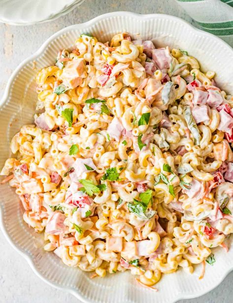 Mexican ham pasta salad all mixed together in a large white bowl. Mexican Ham, Pasta Salad With Ham, Pasta With Ham, Ham Pasta Salad, Mexican Macaroni, Macaroni Dishes, Salad With Ham, Mexican Pasta Salad, Ham Pasta