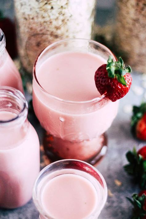 Strawberry Oat Milk Recipe | Vegan, Dairy-Free, Eco-Friendly Strawberry Oat Milk, Chia Milk, Leftover Strawberries, Drinkable Yogurt, Homemade Nut Milk, Oat Milk Recipe, Syrup Recipes, Blueberry Syrup, Homemade Yogurt