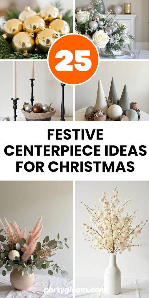 Looking to brighten your holiday dining experience? Explore these 25 festive centerpiece ideas that will really wow your guests. From elegant gold-dipped ornament displays to charming DIY pastel and floral arrangements, you’ll find everything you need to create the perfect holiday table. Illuminate your space with beautiful silver or muted centerpieces, or go for a vintage minimalist vibe that adds chic simplicity to your decor. No matter your style, these ideas will help you make a stellar impression this Christmas! Holiday Event Centerpieces, Diy Christmas Tree Centerpiece, Xmas Centerpiece Ideas Table Decorations, Minimalist Christmas Centerpiece, Christmas Wedding Centerpieces Elegant, Christmas Wedding Centerpieces, Christmas Centerpiece Ideas, Minimalist Centerpiece, Xmas Centerpieces