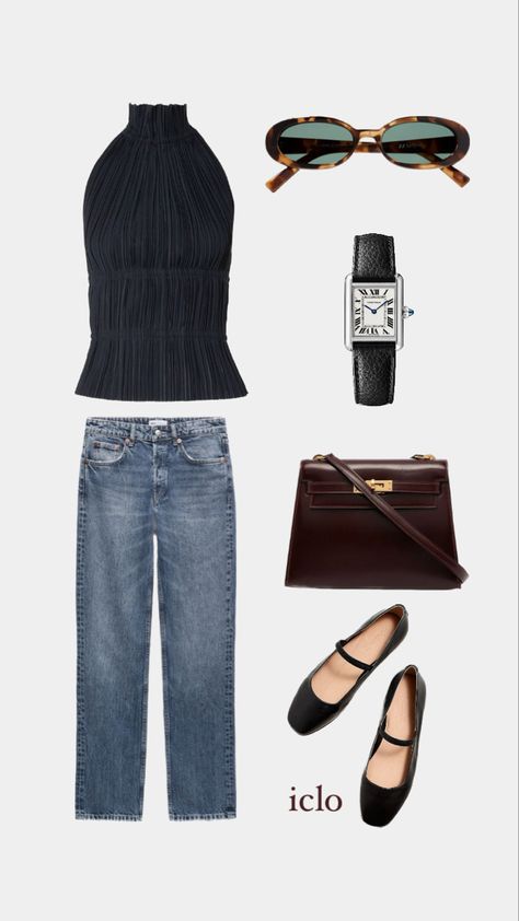 Black Flats Outfit Summer, Classic Going Out Outfit, Basic Timeless Outfits, Going To The Ballet Outfit, French Outfit Style Classy, Black Glasses Outfit, Basic Jeans Outfit, Black Watch Outfit, Polyvore Outfits Classy