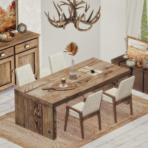 Cottagecore Furniture, Fall Couch, Minimalist Antique, Custom Farmhouse Table, Ranch Furniture, Sims 4 Kitchen, Log Cabin Furniture, Farmhouse Dining Rooms Decor, Modern Farmhouse Dining Room