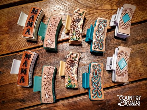 Adorable genuine tooled leather claw clips with western flair! Country Hairstyles, Hair Items, Western Stuff, Newnan Ga, Leather Ideas, Hair Claw Clip, Claw Clips, Leather Projects, Hair Stuff