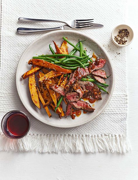 This healthy Asian-inspired steak recipe uses a ginger miso steak sauce, served with sesame sweet potatoes and green beans Miso Steak, Sweet Potatoes And Green Beans, Steak And Green Beans, Potatoes And Green Beans, Ginger Miso, Sweet Potatoes Recipe, Beef Steak Recipes, Sweet Potato Wedges, Summer Eating