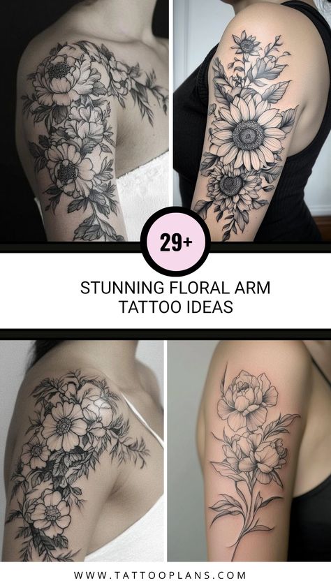 This pin showcases 29 stunning floral upper arm tattoo ideas for women. Browse through a variety of elegant designs featuring flowers like roses, daisies, and more. This pin highlights the beauty and meaning behind each floral tattoo. Wildflowers Tattoo Sleeve, Forearm Flower Tattoo Women Sleeve, Flower Tattoo With White Highlights, Shoulder Birth Flower Tattoo, Flower Tattoos And Their Meanings, Best Flowers For Tattoos, Half Sleeve Flower Tattoos For Women, Full Back Tattoo Women Flowers, Sunflower Arm Tattoos For Women