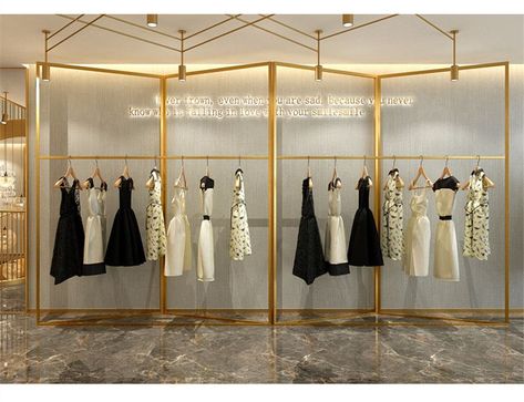 Gold Clothing Store Counter Design Metal Clothes Display Racks For Garment Store Clothing Store Counter Design, Store Counter Design, Luxury Clothing Store, Retail Store Interior Design, Clothing Store Interior, Clothing Store Design, Store Design Boutique, Retail Store Interior, Clothing Displays