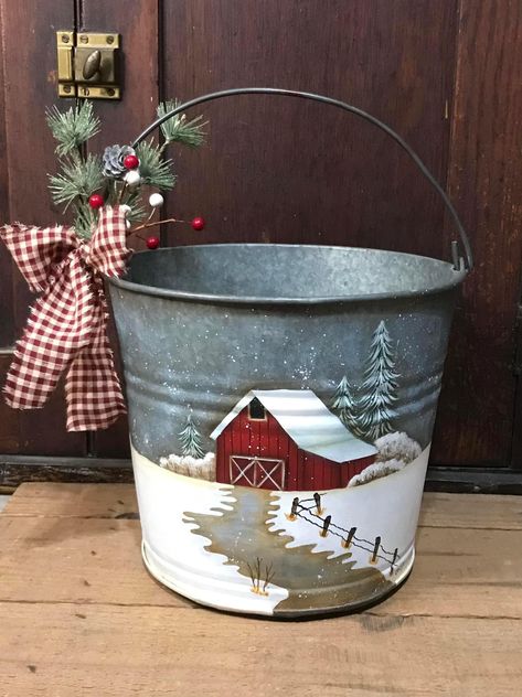 Christmas Tin Buckets Decor, Folk Art Christmas Tree Painting, Christmas Pails Tin Buckets Gifts, Painted Galvanized Buckets, Christmas Tree In Tin Bucket, Christmas Centerpiece Galvanized Bucket, Hand Painted Christmas Tin Bucket, Painted Buckets, Barn Crafts