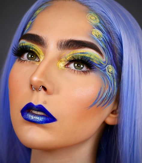 Van Gogh Makeup Art, Van Gogh Makeup, Starry Night Makeup, Makeup Tutorial Eyeliner, Makeup Class, Glam Makeup Look, Famous Artwork, Halloween Costumes Makeup, Creative Eye Makeup