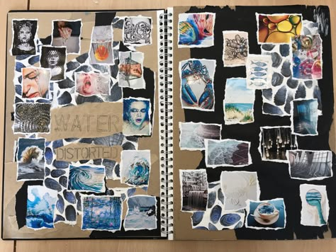 water mood board Textiles Mood Board Sketchbook Ideas, Art Mood Board Sketchbook Ideas, Artist Mood Board Inspiration, Mood Boards Textiles, A Level Mood Boards Art, Gsce Art Mood Board, Gcse Textiles Mood Board, Gcse Art Mood Board Sketchbook Ideas, Mood Board Art A Level