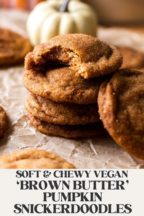 These pillowy soft 'brown butter' pumpkin snickerdoodle are a dream- and you'll never believe they're entirely dairy free and made without eggs (so vegan!). With chewy edges and a soft, melt-in-your-mouth middle, these pumpkin snickerdoodle cookies have the perfect tang to sweetness ratio- and are downright irresistible after one bite, so you've been warned! Pumpkin Snickerdoodle Cookie Recipe, Desserts Easy 3 Ingredients, Pumpkin Snickerdoodle Cookies, Banana Diaries, Vegan Dessert Bars, Vegan Pumpkin Cookies, Easy Vegan Cookies, Vegan Cookie Recipes, Vegan Gluten Free Cookies