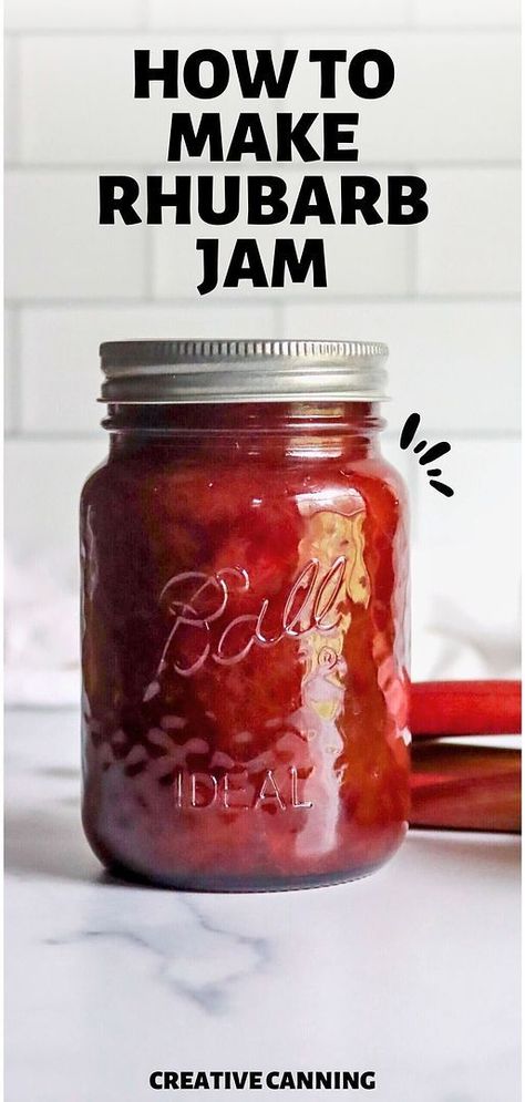 Learn How to Make Rhubarb Jam with our easy-to-follow canning jam recipes. This 3-ingredient recipe is a great way to dive into homemade jam recipes for canning, using no added pectin. Enjoy the fresh, tangy flavor of rhubarb in every spoonful. Dive into more rhubarb canning recipes, no pectin jam recipes, and homemade jam recipes for canning at creativecanning.com. Rhubarb Jam Recipes Canning, Rhubarb Jam Recipes Easy, Rhubarb Canning Recipes, Jam Recipes For Canning, Strawberry Canning, Homemade Jam Recipes, Rhubarb Freezer Jam, Canning Fruit Recipes, Recipes For Canning