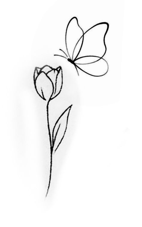 Cute Butterfly Doodles Aesthetic, Odd Art Aesthetic, Easy Tattoos Butterfly, Tulips Design Drawing, Butterfly With Tulips Tattoo, Tulip Tattoo Line, Mini Flower Sketch, Butterflies In Flowers, Small Flower Sketch