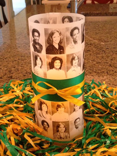 First table centerpiece for class reunion done!  Using photos from junior year since senior photos will be on name tags & in slideshow. School Reunion Decorations, Class Reunion Planning, 50th Class Reunion Ideas, Reunion Centerpieces, 10 Year Reunion, High School Class Reunion, Class Reunion Decorations, Reunion Decorations, Yearbook Pictures