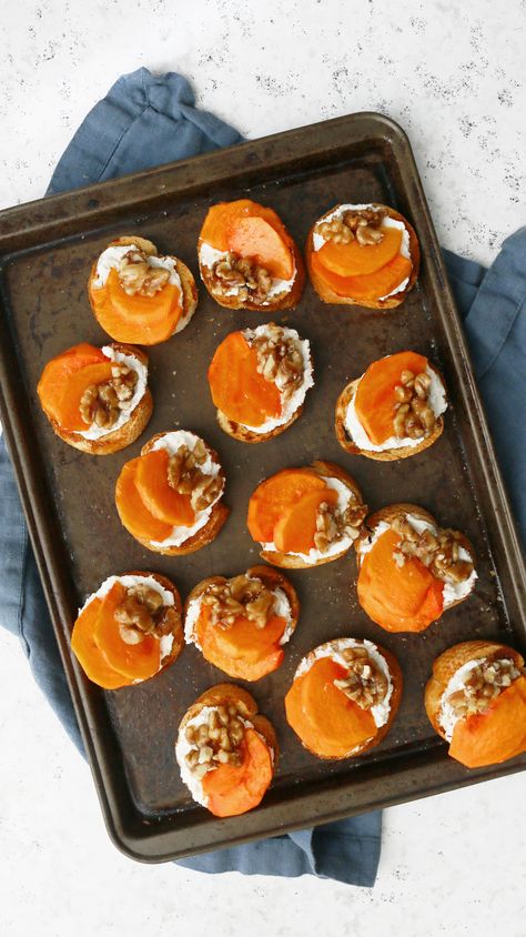 Candied Walnuts, Goat Cheese and Persimmon Crostini | Kitchen @ Hoskins Cheese Crostini, Persimmon Recipes, Goat Cheese Crostini, Holiday Appetizers Recipes, Crostini Recipes, Elegant Appetizers, Bruschetta Recipe, Quick Bread Recipes, Easy Appetizer Recipes