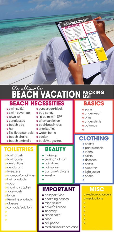 beach vacation packing list | spring break packing list | free printable | what to pack for vacation via @moritzdesigns Packing List Spring Break, Packing List Free Printable, Packing List Spring, Spring Break Packing List, Vacation Packing Checklist, Spring Break Packing, Camping Illustration, What To Pack For Vacation, Beach Vacation Packing