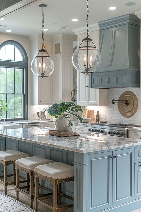 Kitchen Blue Island, Kitchen With Blue Island, Coastal Kitchen Ideas, Coastal Kitchens, Grandma House, Nautical Kitchen, Light Blue Kitchens, Coastal Kitchen Design, Coastal Kitchen Decor