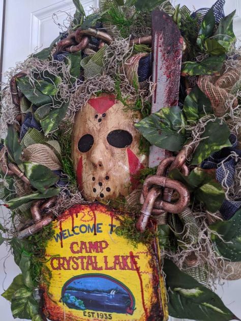 Halloween Wreath. Friday the 13th Wreath. Jason Voorhees | Etsy Jason Voorhees Wreath, Jason Voorhees Halloween Decorations, Jason Wreath Halloween, Horror Movie Party Decorations, Creepy Wreath, Horror Wreath, Summer Slasher, Halloween Entertainment, Scary Halloween Wreath