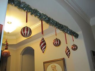 Ornaments on a tension rod. There is that tension rod idea again.. Like it a lot:) Farmhouse Ornaments, Tension Rod, Office Christmas Decorations, Christmas Time Is Here, 12 December, Office Christmas, Christmas 2016, Christmas Deco, Christmas Joy