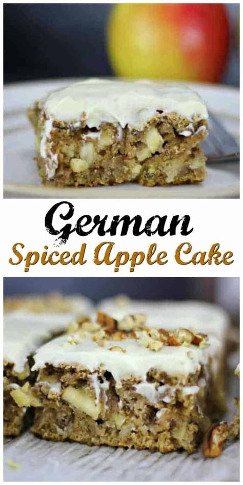 German Spiced Apple Cake with Cream Cheese Frosting is definitely one cake you will want to be snacking on over and over again and it's absolutely perfect for the Autumn season. It's a moist, delicious spice cake accompanied with warm, cozy spices of cinnamon and nutmeg, and has a bountiful abundance of mini chunks of apples and pecans baked right in and an awesome cream cheese frosting to make it complete! #apple #germandessert #germanapple #applecake #cake #falldessert #fallcake Apple Cake With Cream Cheese, Spiced Apple Cake, Easy German Recipes, German Food Authentic, Apple Cakes, Cream Cheese Frosting Cake, Layered Cakes, German Desserts, German Cake