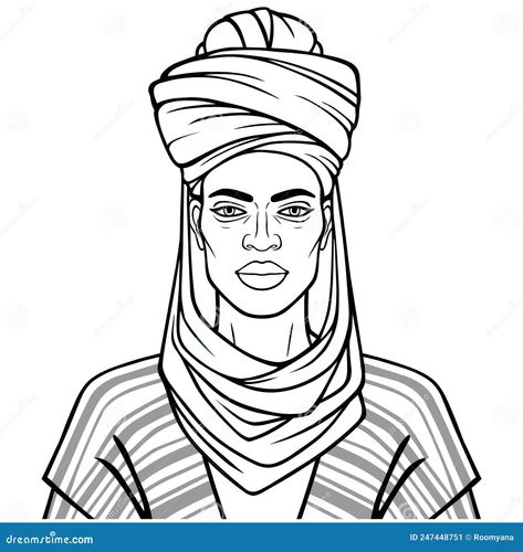 Animation portrait of beautiful African man in a turban. Monochrome linear drawing. Vector illustration isolated on a white background. Turban Illustration, Sunset Painting, African Men, Animated Gif, White Background, Stock Vector, Vector Illustration, Drawings